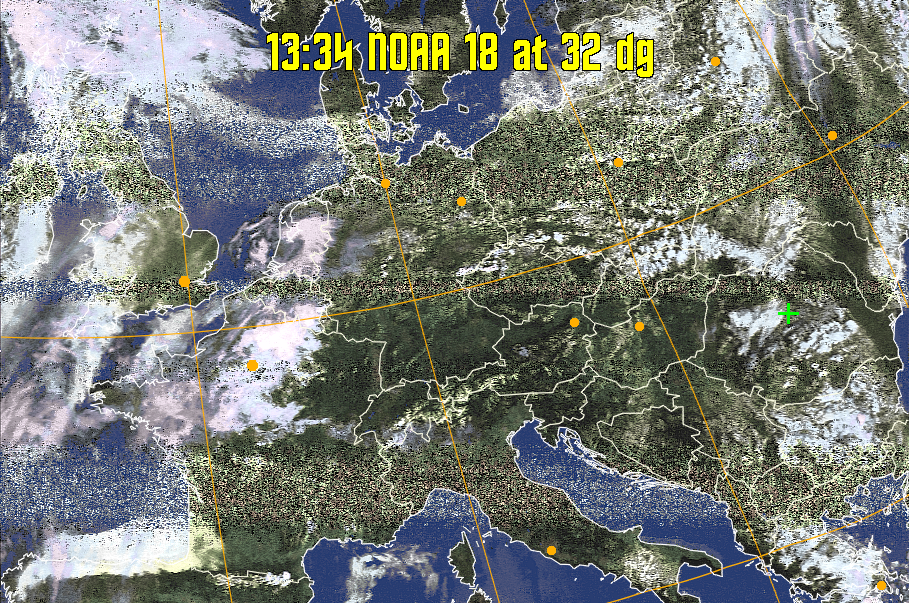 HVCT:
Similar to HVC, but with blue water and with colours more indicative of
land temperatures.
HVC:
Creates a false colour image from NOAA APT images based on temperature using
the HVC colour model. Uses the temperature derived from the sensor 4 image to
select the hue and the brightness from the histogram equalised other image to
select the value and chroma. The HVC colour model attempts to ensure that different colours at the same value will appear to the eye to be the same brightness
and the spacing between colours representing each degree will appear to the eye to
be similar. Bright areas are completely unsaturated in this model.