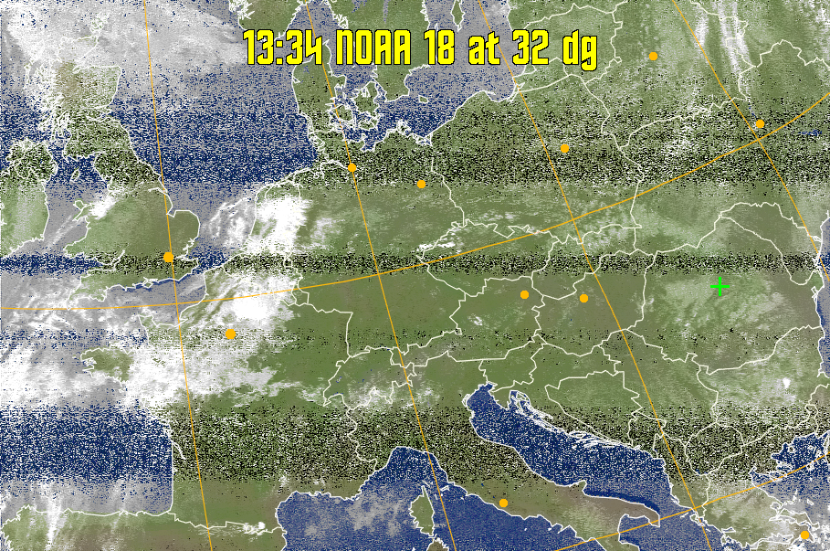 MCIR-precip: 
Colours the NOAA sensor 4 IR image using a map to colour the sea blue and land
green. High clouds appear white, lower clouds gray or land/sea coloured, clouds
generally appear lighter, but distinguishing between land/sea and low cloud may
be difficult. Darker colours indicate warmer regions.