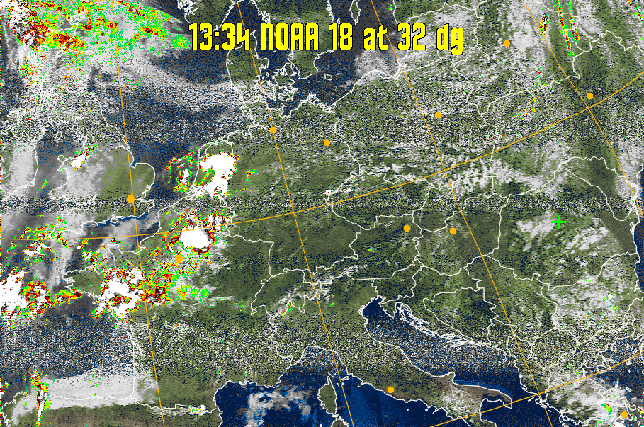 MSA-precip:
Same as MSA multispectral analysis, but high cold cloud tops are coloured the
same as the NO enhancement to give an approximate indication of the probability
and intensity of precipitation.