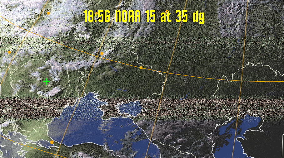 HVCT:
Similar to HVC, but with blue water and with colours more indicative of
land temperatures.
HVC:
Creates a false colour image from NOAA APT images based on temperature using
the HVC colour model. Uses the temperature derived from the sensor 4 image to
select the hue and the brightness from the histogram equalised other image to
select the value and chroma. The HVC colour model attempts to ensure that different colours at the same value will appear to the eye to be the same brightness
and the spacing between colours representing each degree will appear to the eye to
be similar. Bright areas are completely unsaturated in this model.
