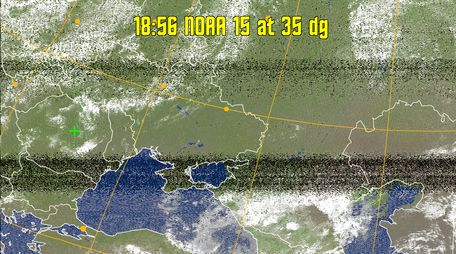 MCIR-precip: 
Colours the NOAA sensor 4 IR image using a map to colour the sea blue and land
green. High clouds appear white, lower clouds gray or land/sea coloured, clouds
generally appear lighter, but distinguishing between land/sea and low cloud may
be difficult. Darker colours indicate warmer regions.