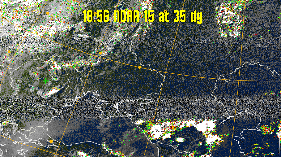 MSA-precip:
Same as MSA multispectral analysis, but high cold cloud tops are coloured the
same as the NO enhancement to give an approximate indication of the probability
and intensity of precipitation.