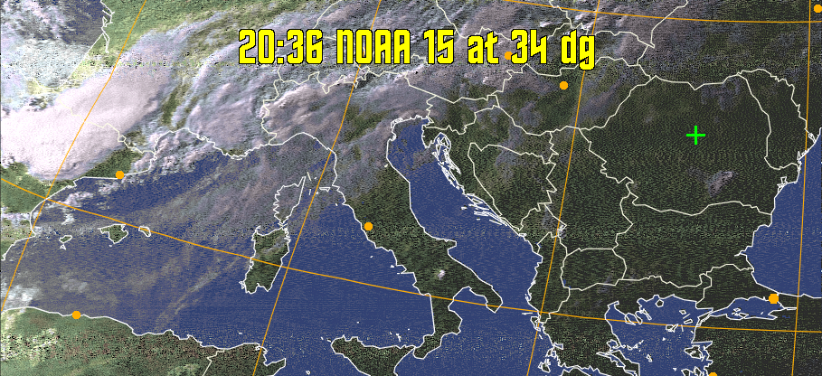 HVCT:
Similar to HVC, but with blue water and with colours more indicative of
land temperatures.
HVC:
Creates a false colour image from NOAA APT images based on temperature using
the HVC colour model. Uses the temperature derived from the sensor 4 image to
select the hue and the brightness from the histogram equalised other image to
select the value and chroma. The HVC colour model attempts to ensure that different colours at the same value will appear to the eye to be the same brightness
and the spacing between colours representing each degree will appear to the eye to
be similar. Bright areas are completely unsaturated in this model.