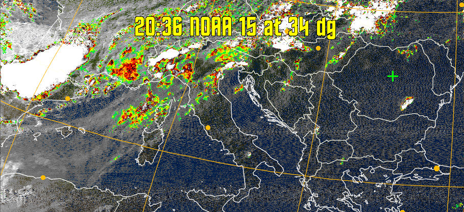MSA-precip:
Same as MSA multispectral analysis, but high cold cloud tops are coloured the
same as the NO enhancement to give an approximate indication of the probability
and intensity of precipitation.