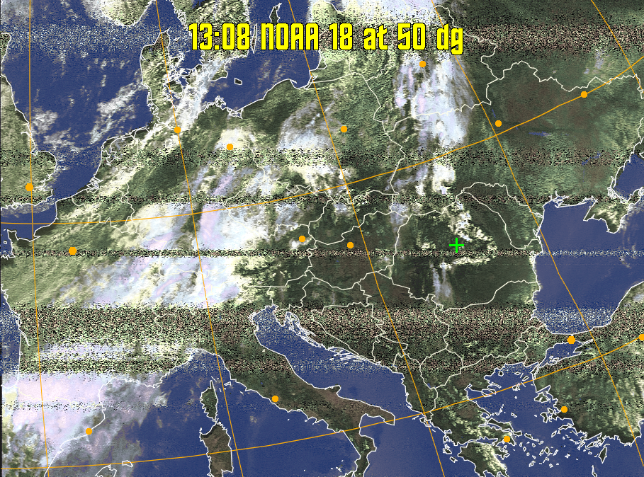 HVCT:
Similar to HVC, but with blue water and with colours more indicative of
land temperatures.
HVC:
Creates a false colour image from NOAA APT images based on temperature using
the HVC colour model. Uses the temperature derived from the sensor 4 image to
select the hue and the brightness from the histogram equalised other image to
select the value and chroma. The HVC colour model attempts to ensure that different colours at the same value will appear to the eye to be the same brightness
and the spacing between colours representing each degree will appear to the eye to
be similar. Bright areas are completely unsaturated in this model.