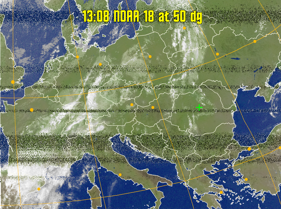 MCIR-precip: 
Colours the NOAA sensor 4 IR image using a map to colour the sea blue and land
green. High clouds appear white, lower clouds gray or land/sea coloured, clouds
generally appear lighter, but distinguishing between land/sea and low cloud may
be difficult. Darker colours indicate warmer regions.