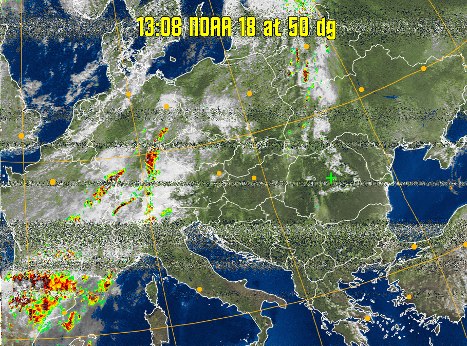 MSA-precip:
Same as MSA multispectral analysis, but high cold cloud tops are coloured the
same as the NO enhancement to give an approximate indication of the probability
and intensity of precipitation.