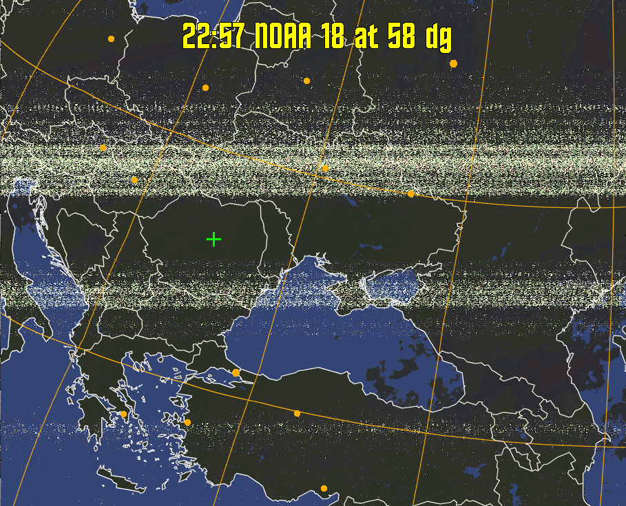 HVCT:
Similar to HVC, but with blue water and with colours more indicative of
land temperatures.
HVC:
Creates a false colour image from NOAA APT images based on temperature using
the HVC colour model. Uses the temperature derived from the sensor 4 image to
select the hue and the brightness from the histogram equalised other image to
select the value and chroma. The HVC colour model attempts to ensure that different colours at the same value will appear to the eye to be the same brightness
and the spacing between colours representing each degree will appear to the eye to
be similar. Bright areas are completely unsaturated in this model.