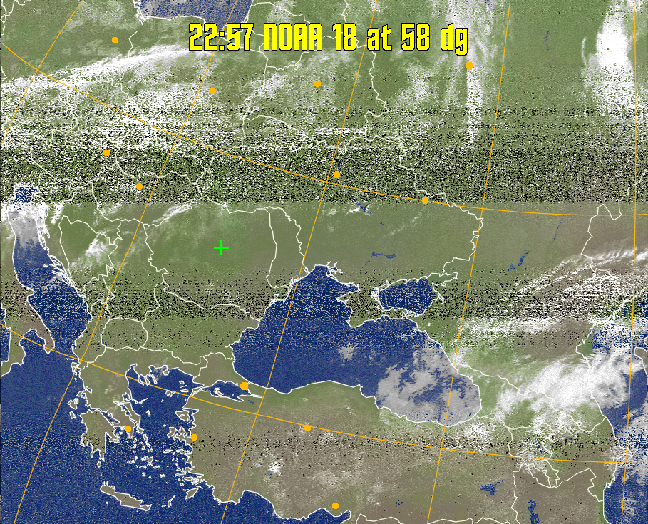 MCIR-precip: 
Colours the NOAA sensor 4 IR image using a map to colour the sea blue and land
green. High clouds appear white, lower clouds gray or land/sea coloured, clouds
generally appear lighter, but distinguishing between land/sea and low cloud may
be difficult. Darker colours indicate warmer regions.