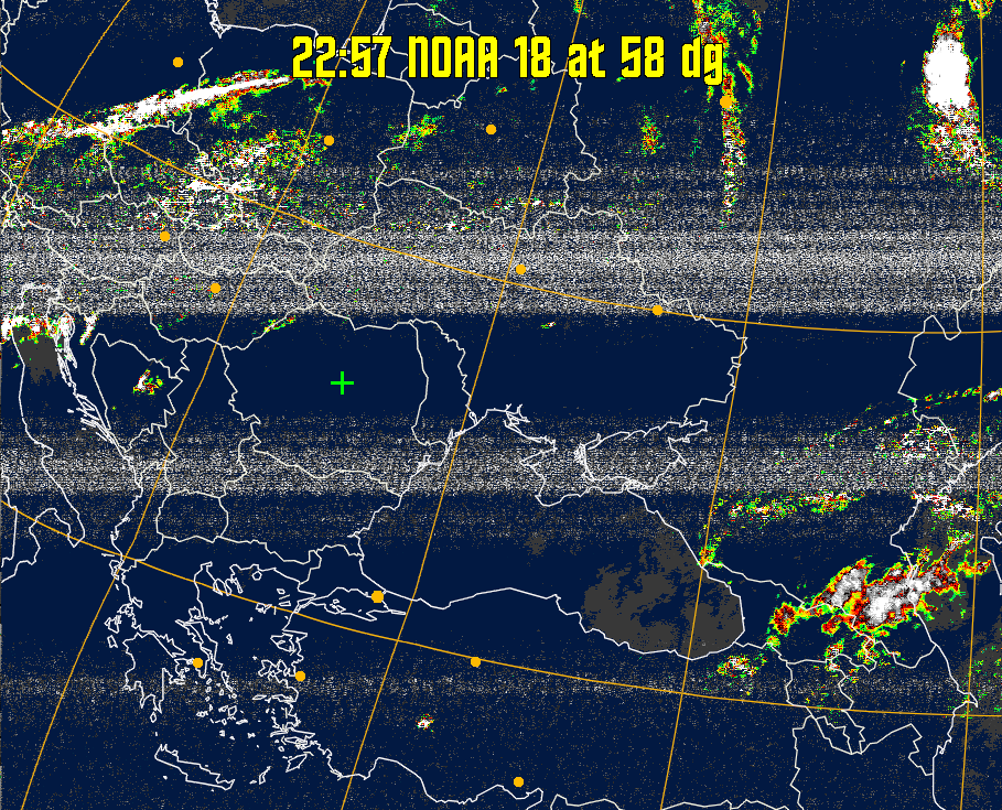 MSA-precip:
Same as MSA multispectral analysis, but high cold cloud tops are coloured the
same as the NO enhancement to give an approximate indication of the probability
and intensity of precipitation.