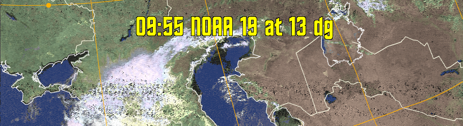 HVCT:
Similar to HVC, but with blue water and with colours more indicative of
land temperatures.
HVC:
Creates a false colour image from NOAA APT images based on temperature using
the HVC colour model. Uses the temperature derived from the sensor 4 image to
select the hue and the brightness from the histogram equalised other image to
select the value and chroma. The HVC colour model attempts to ensure that different colours at the same value will appear to the eye to be the same brightness
and the spacing between colours representing each degree will appear to the eye to
be similar. Bright areas are completely unsaturated in this model.
