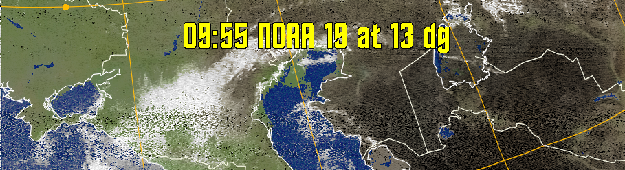 MCIR-precip: 
Colours the NOAA sensor 4 IR image using a map to colour the sea blue and land
green. High clouds appear white, lower clouds gray or land/sea coloured, clouds
generally appear lighter, but distinguishing between land/sea and low cloud may
be difficult. Darker colours indicate warmer regions.