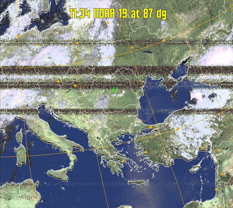 HVCT:
Similar to HVC, but with blue water and with colours more indicative of
land temperatures.
HVC:
Creates a false colour image from NOAA APT images based on temperature using
the HVC colour model. Uses the temperature derived from the sensor 4 image to
select the hue and the brightness from the histogram equalised other image to
select the value and chroma. The HVC colour model attempts to ensure that different colours at the same value will appear to the eye to be the same brightness
and the spacing between colours representing each degree will appear to the eye to
be similar. Bright areas are completely unsaturated in this model.