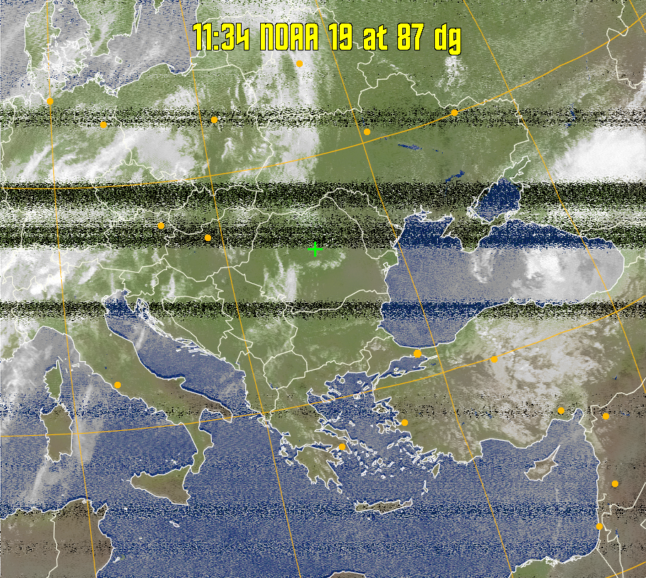 MCIR-precip: 
Colours the NOAA sensor 4 IR image using a map to colour the sea blue and land
green. High clouds appear white, lower clouds gray or land/sea coloured, clouds
generally appear lighter, but distinguishing between land/sea and low cloud may
be difficult. Darker colours indicate warmer regions.