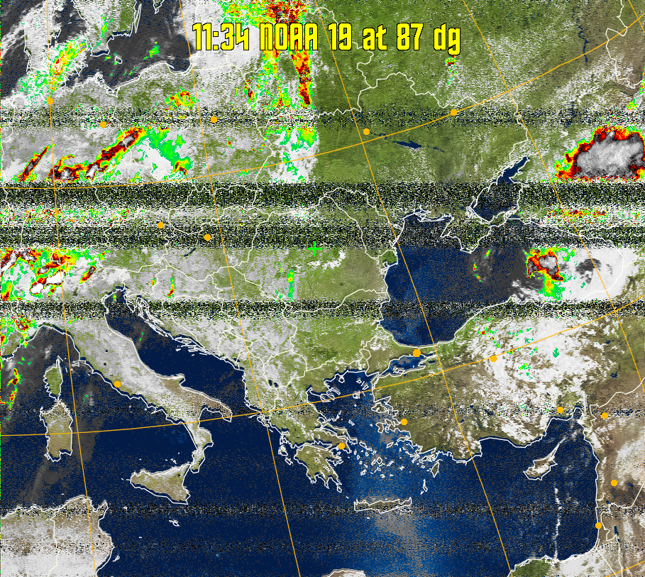 MSA-precip:
Same as MSA multispectral analysis, but high cold cloud tops are coloured the
same as the NO enhancement to give an approximate indication of the probability
and intensity of precipitation.