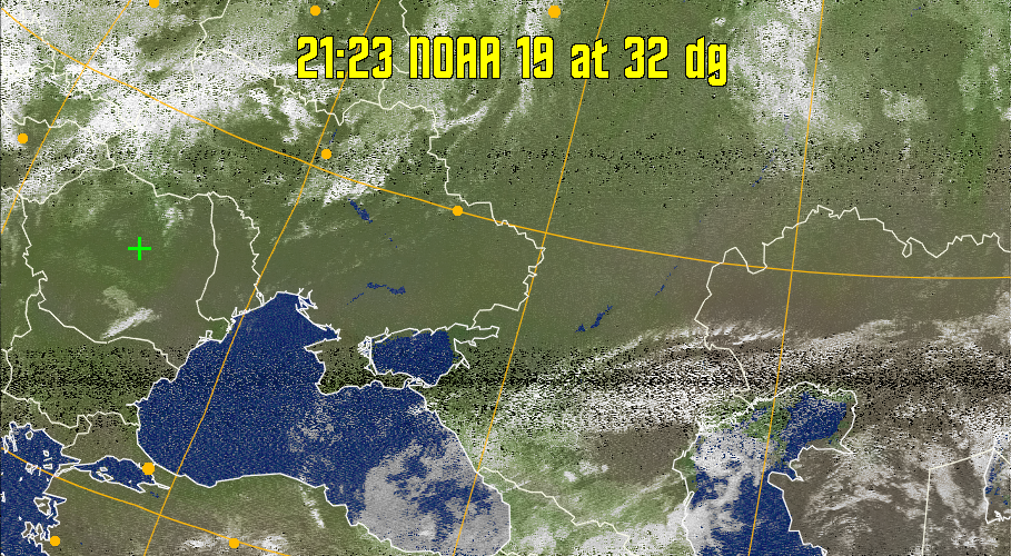 MCIR-precip: 
Colours the NOAA sensor 4 IR image using a map to colour the sea blue and land
green. High clouds appear white, lower clouds gray or land/sea coloured, clouds
generally appear lighter, but distinguishing between land/sea and low cloud may
be difficult. Darker colours indicate warmer regions.