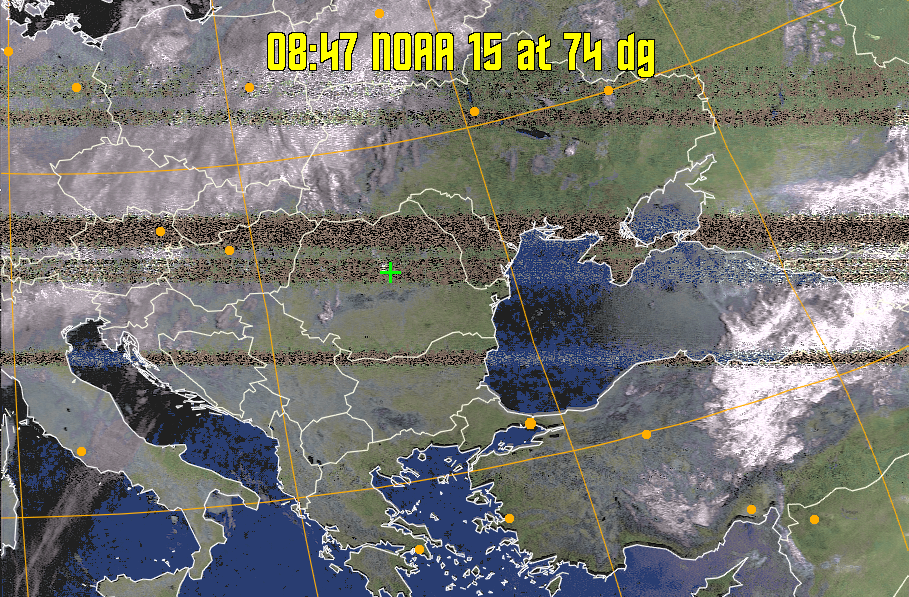HVCT:
Similar to HVC, but with blue water and with colours more indicative of
land temperatures.
HVC:
Creates a false colour image from NOAA APT images based on temperature using
the HVC colour model. Uses the temperature derived from the sensor 4 image to
select the hue and the brightness from the histogram equalised other image to
select the value and chroma. The HVC colour model attempts to ensure that different colours at the same value will appear to the eye to be the same brightness
and the spacing between colours representing each degree will appear to the eye to
be similar. Bright areas are completely unsaturated in this model.
