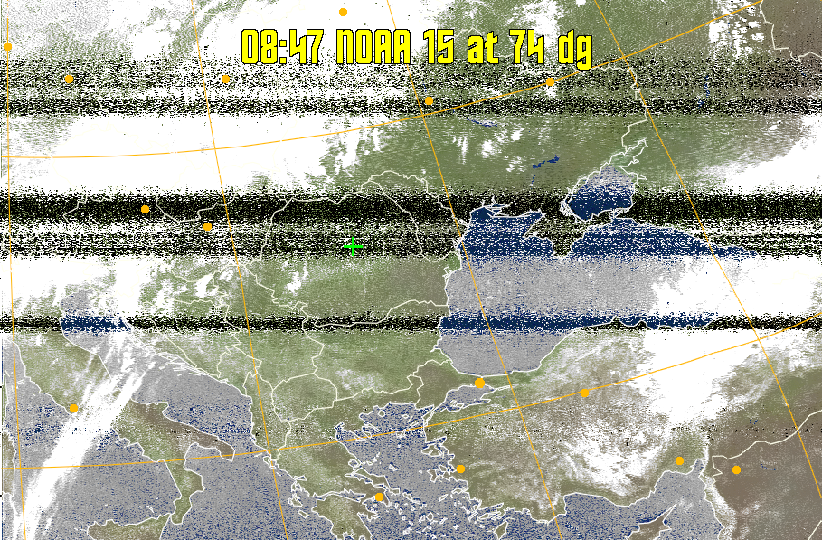 MCIR-precip: 
Colours the NOAA sensor 4 IR image using a map to colour the sea blue and land
green. High clouds appear white, lower clouds gray or land/sea coloured, clouds
generally appear lighter, but distinguishing between land/sea and low cloud may
be difficult. Darker colours indicate warmer regions.