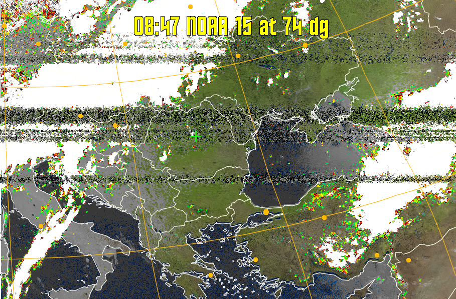 MSA-precip:
Same as MSA multispectral analysis, but high cold cloud tops are coloured the
same as the NO enhancement to give an approximate indication of the probability
and intensity of precipitation.