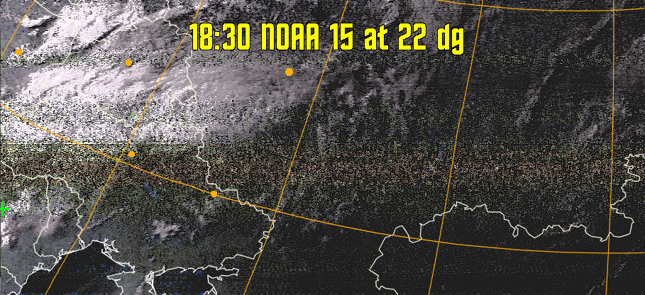 HVCT:
Similar to HVC, but with blue water and with colours more indicative of
land temperatures.
HVC:
Creates a false colour image from NOAA APT images based on temperature using
the HVC colour model. Uses the temperature derived from the sensor 4 image to
select the hue and the brightness from the histogram equalised other image to
select the value and chroma. The HVC colour model attempts to ensure that different colours at the same value will appear to the eye to be the same brightness
and the spacing between colours representing each degree will appear to the eye to
be similar. Bright areas are completely unsaturated in this model.