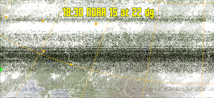 MCIR-precip: 
Colours the NOAA sensor 4 IR image using a map to colour the sea blue and land
green. High clouds appear white, lower clouds gray or land/sea coloured, clouds
generally appear lighter, but distinguishing between land/sea and low cloud may
be difficult. Darker colours indicate warmer regions.