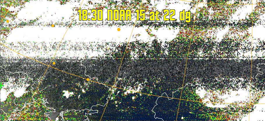 MSA-precip:
Same as MSA multispectral analysis, but high cold cloud tops are coloured the
same as the NO enhancement to give an approximate indication of the probability
and intensity of precipitation.