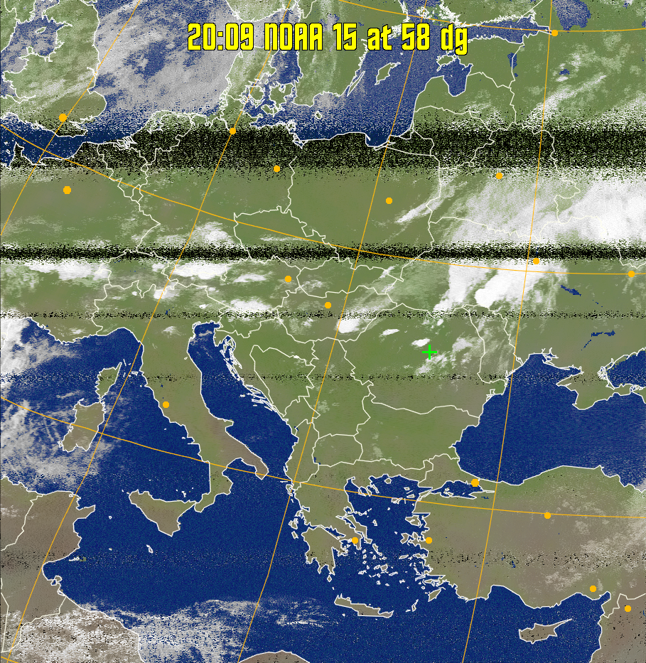 MCIR-precip: 
Colours the NOAA sensor 4 IR image using a map to colour the sea blue and land
green. High clouds appear white, lower clouds gray or land/sea coloured, clouds
generally appear lighter, but distinguishing between land/sea and low cloud may
be difficult. Darker colours indicate warmer regions.
