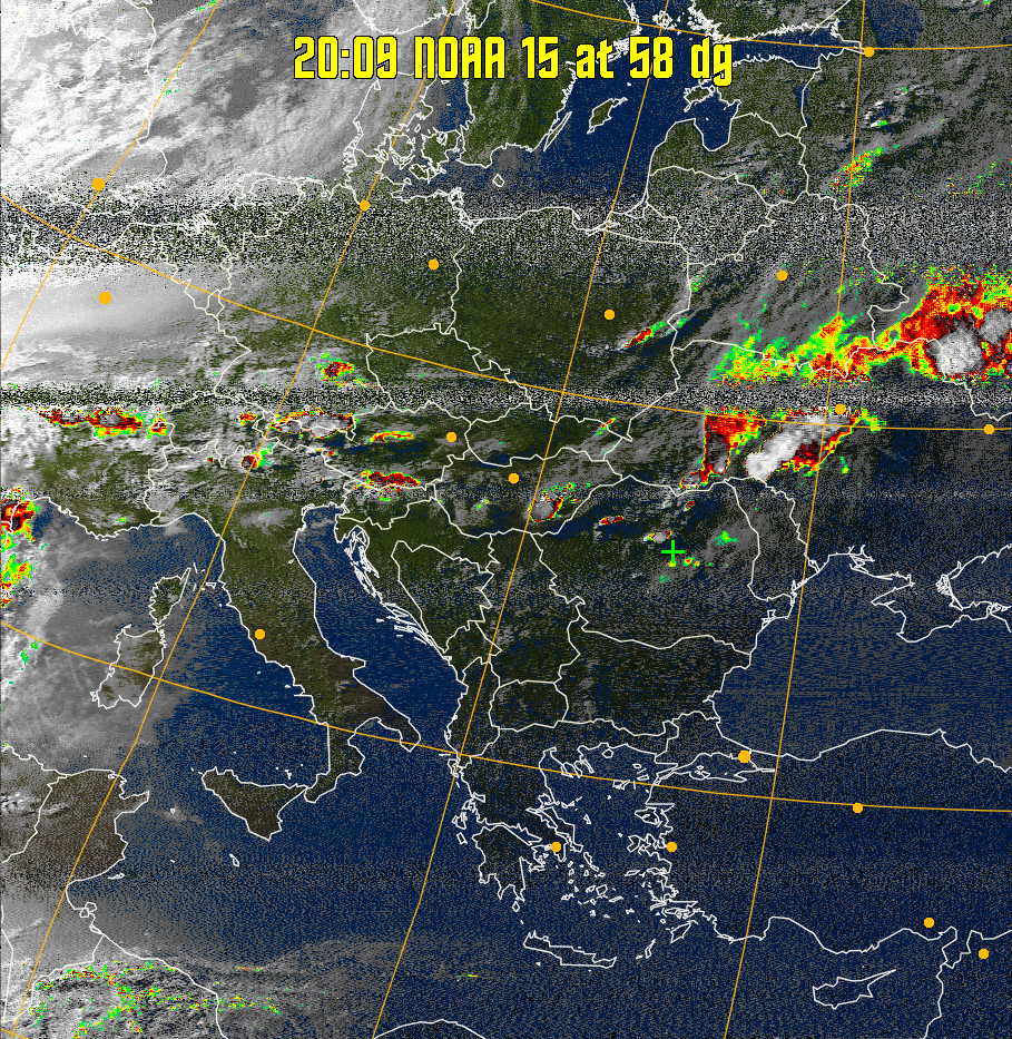 MSA-precip:
Same as MSA multispectral analysis, but high cold cloud tops are coloured the
same as the NO enhancement to give an approximate indication of the probability
and intensity of precipitation.