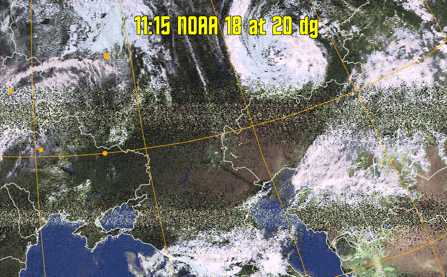 HVCT:
Similar to HVC, but with blue water and with colours more indicative of
land temperatures.
HVC:
Creates a false colour image from NOAA APT images based on temperature using
the HVC colour model. Uses the temperature derived from the sensor 4 image to
select the hue and the brightness from the histogram equalised other image to
select the value and chroma. The HVC colour model attempts to ensure that different colours at the same value will appear to the eye to be the same brightness
and the spacing between colours representing each degree will appear to the eye to
be similar. Bright areas are completely unsaturated in this model.