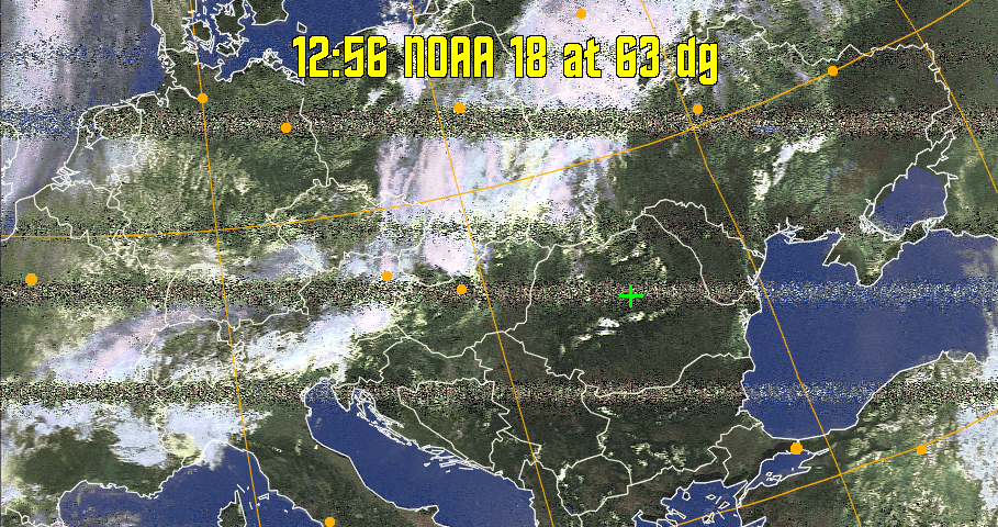 HVCT:
Similar to HVC, but with blue water and with colours more indicative of
land temperatures.
HVC:
Creates a false colour image from NOAA APT images based on temperature using
the HVC colour model. Uses the temperature derived from the sensor 4 image to
select the hue and the brightness from the histogram equalised other image to
select the value and chroma. The HVC colour model attempts to ensure that different colours at the same value will appear to the eye to be the same brightness
and the spacing between colours representing each degree will appear to the eye to
be similar. Bright areas are completely unsaturated in this model.