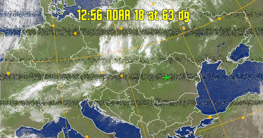 MCIR-precip: 
Colours the NOAA sensor 4 IR image using a map to colour the sea blue and land
green. High clouds appear white, lower clouds gray or land/sea coloured, clouds
generally appear lighter, but distinguishing between land/sea and low cloud may
be difficult. Darker colours indicate warmer regions.