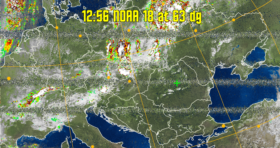 MSA-precip:
Same as MSA multispectral analysis, but high cold cloud tops are coloured the
same as the NO enhancement to give an approximate indication of the probability
and intensity of precipitation.