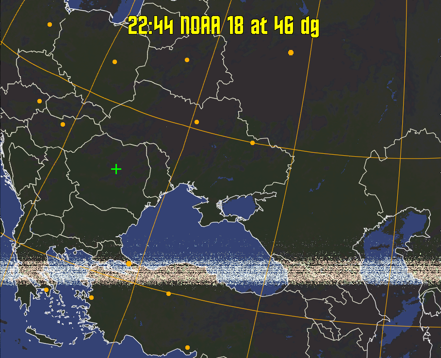 HVCT:
Similar to HVC, but with blue water and with colours more indicative of
land temperatures.
HVC:
Creates a false colour image from NOAA APT images based on temperature using
the HVC colour model. Uses the temperature derived from the sensor 4 image to
select the hue and the brightness from the histogram equalised other image to
select the value and chroma. The HVC colour model attempts to ensure that different colours at the same value will appear to the eye to be the same brightness
and the spacing between colours representing each degree will appear to the eye to
be similar. Bright areas are completely unsaturated in this model.
