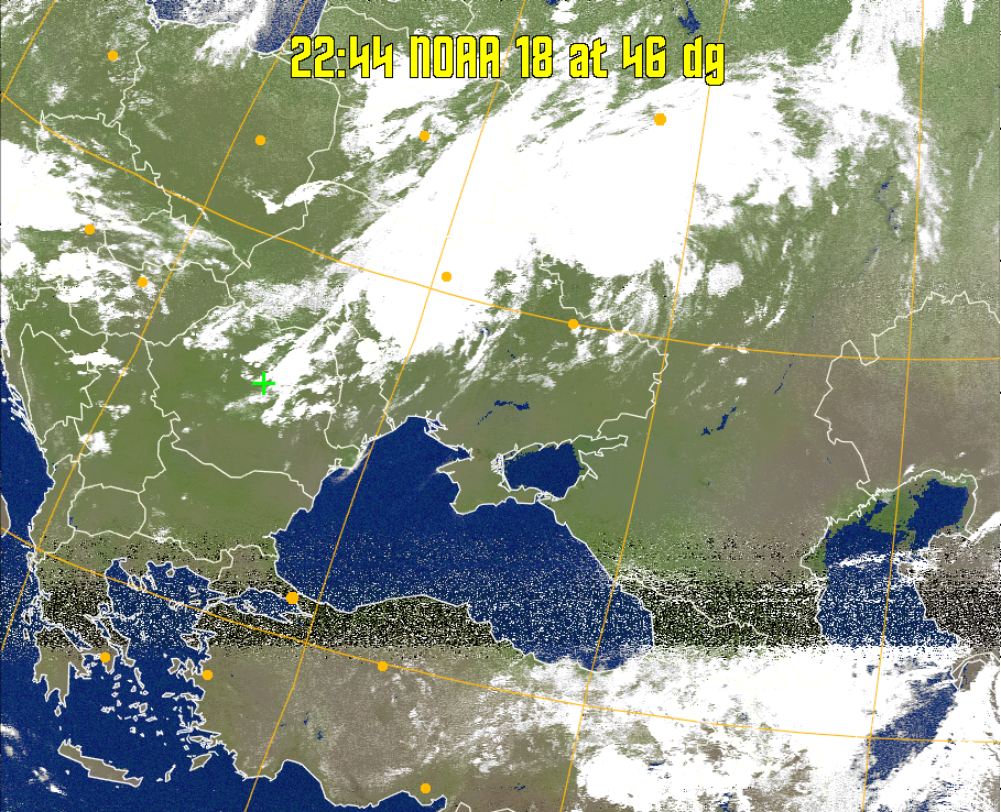 MCIR-precip: 
Colours the NOAA sensor 4 IR image using a map to colour the sea blue and land
green. High clouds appear white, lower clouds gray or land/sea coloured, clouds
generally appear lighter, but distinguishing between land/sea and low cloud may
be difficult. Darker colours indicate warmer regions.