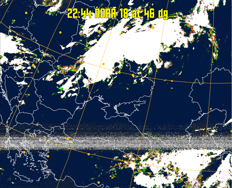 MSA-precip:
Same as MSA multispectral analysis, but high cold cloud tops are coloured the
same as the NO enhancement to give an approximate indication of the probability
and intensity of precipitation.