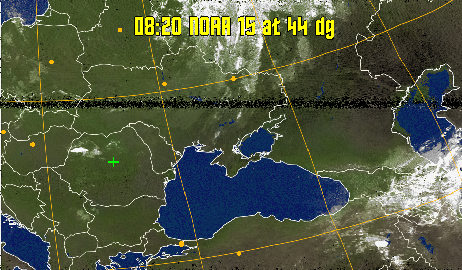MCIR-precip: 
Colours the NOAA sensor 4 IR image using a map to colour the sea blue and land
green. High clouds appear white, lower clouds gray or land/sea coloured, clouds
generally appear lighter, but distinguishing between land/sea and low cloud may
be difficult. Darker colours indicate warmer regions.