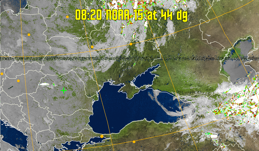 MSA-precip:
Same as MSA multispectral analysis, but high cold cloud tops are coloured the
same as the NO enhancement to give an approximate indication of the probability
and intensity of precipitation.