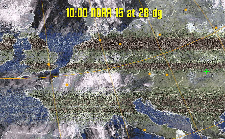 HVCT:
Similar to HVC, but with blue water and with colours more indicative of
land temperatures.
HVC:
Creates a false colour image from NOAA APT images based on temperature using
the HVC colour model. Uses the temperature derived from the sensor 4 image to
select the hue and the brightness from the histogram equalised other image to
select the value and chroma. The HVC colour model attempts to ensure that different colours at the same value will appear to the eye to be the same brightness
and the spacing between colours representing each degree will appear to the eye to
be similar. Bright areas are completely unsaturated in this model.