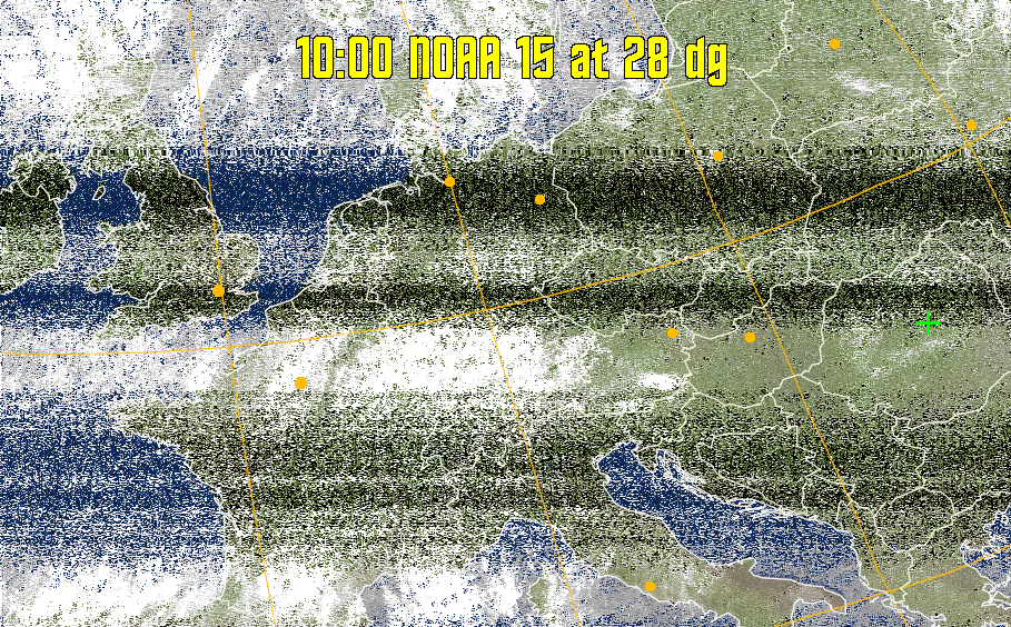 MCIR-precip: 
Colours the NOAA sensor 4 IR image using a map to colour the sea blue and land
green. High clouds appear white, lower clouds gray or land/sea coloured, clouds
generally appear lighter, but distinguishing between land/sea and low cloud may
be difficult. Darker colours indicate warmer regions.