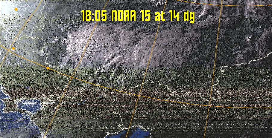 HVCT:
Similar to HVC, but with blue water and with colours more indicative of
land temperatures.
HVC:
Creates a false colour image from NOAA APT images based on temperature using
the HVC colour model. Uses the temperature derived from the sensor 4 image to
select the hue and the brightness from the histogram equalised other image to
select the value and chroma. The HVC colour model attempts to ensure that different colours at the same value will appear to the eye to be the same brightness
and the spacing between colours representing each degree will appear to the eye to
be similar. Bright areas are completely unsaturated in this model.