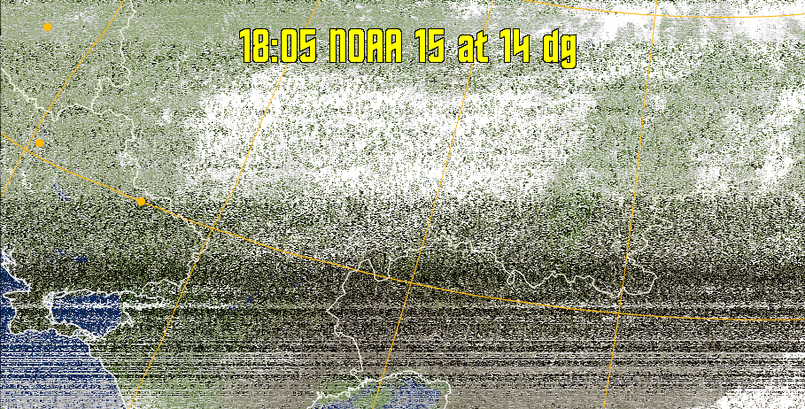 MCIR-precip: 
Colours the NOAA sensor 4 IR image using a map to colour the sea blue and land
green. High clouds appear white, lower clouds gray or land/sea coloured, clouds
generally appear lighter, but distinguishing between land/sea and low cloud may
be difficult. Darker colours indicate warmer regions.