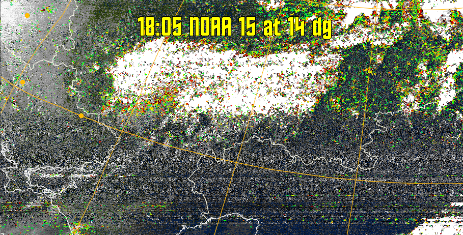 MSA-precip:
Same as MSA multispectral analysis, but high cold cloud tops are coloured the
same as the NO enhancement to give an approximate indication of the probability
and intensity of precipitation.