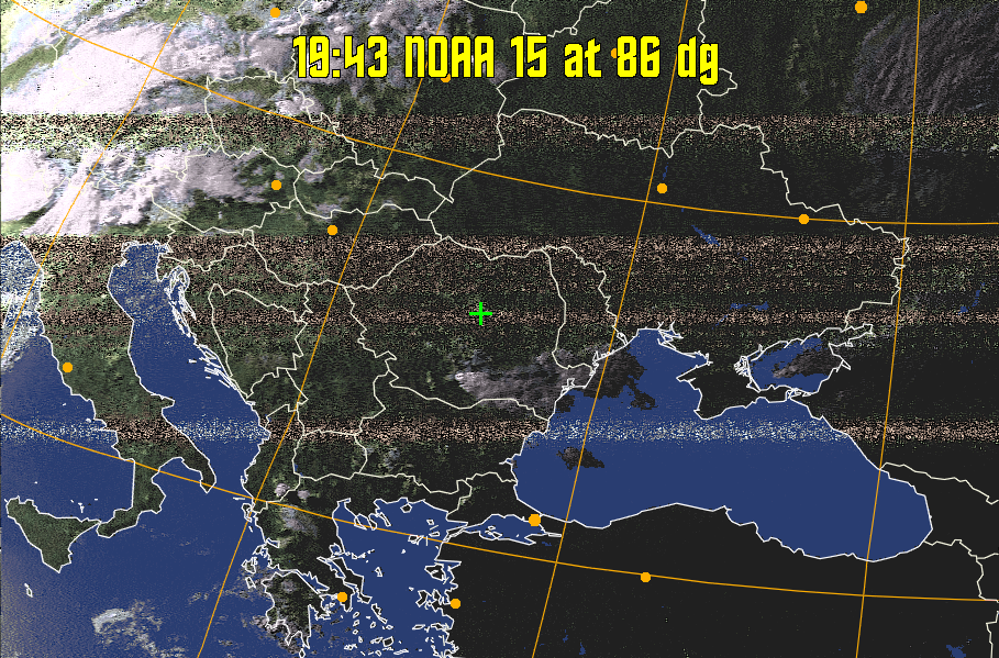 HVCT:
Similar to HVC, but with blue water and with colours more indicative of
land temperatures.
HVC:
Creates a false colour image from NOAA APT images based on temperature using
the HVC colour model. Uses the temperature derived from the sensor 4 image to
select the hue and the brightness from the histogram equalised other image to
select the value and chroma. The HVC colour model attempts to ensure that different colours at the same value will appear to the eye to be the same brightness
and the spacing between colours representing each degree will appear to the eye to
be similar. Bright areas are completely unsaturated in this model.