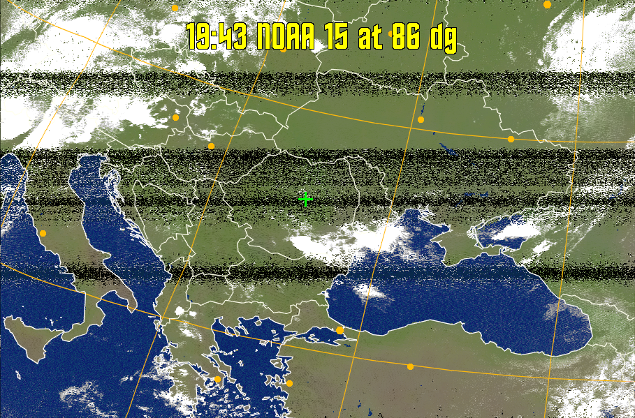 MCIR-precip: 
Colours the NOAA sensor 4 IR image using a map to colour the sea blue and land
green. High clouds appear white, lower clouds gray or land/sea coloured, clouds
generally appear lighter, but distinguishing between land/sea and low cloud may
be difficult. Darker colours indicate warmer regions.