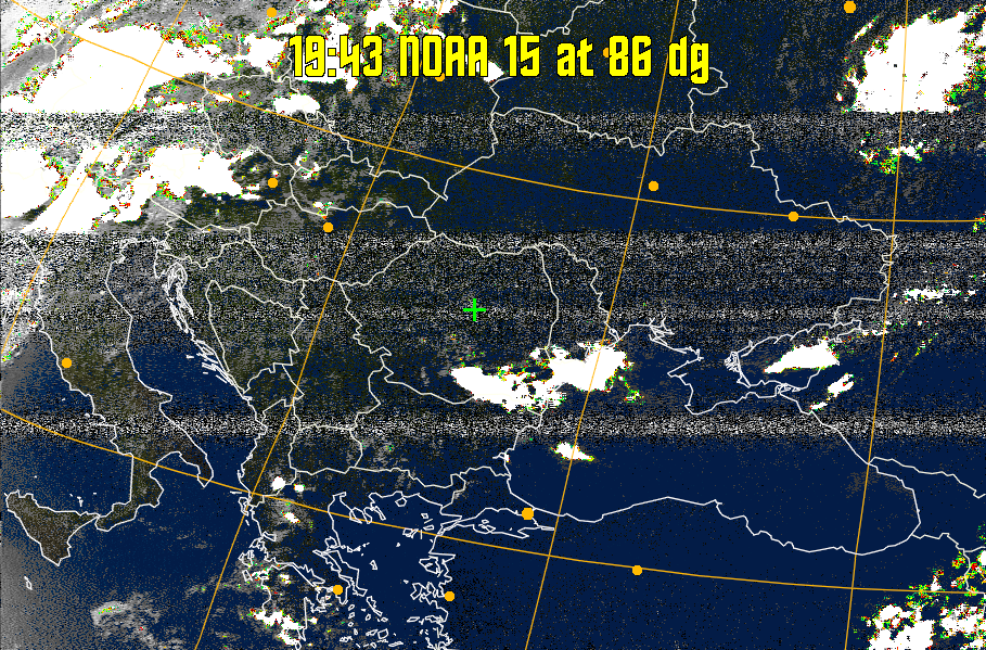 MSA-precip:
Same as MSA multispectral analysis, but high cold cloud tops are coloured the
same as the NO enhancement to give an approximate indication of the probability
and intensity of precipitation.