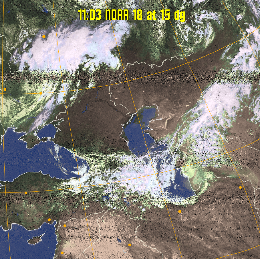 HVCT:
Similar to HVC, but with blue water and with colours more indicative of
land temperatures.
HVC:
Creates a false colour image from NOAA APT images based on temperature using
the HVC colour model. Uses the temperature derived from the sensor 4 image to
select the hue and the brightness from the histogram equalised other image to
select the value and chroma. The HVC colour model attempts to ensure that different colours at the same value will appear to the eye to be the same brightness
and the spacing between colours representing each degree will appear to the eye to
be similar. Bright areas are completely unsaturated in this model.
