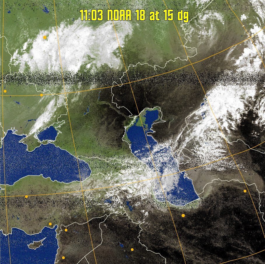 MCIR-precip: 
Colours the NOAA sensor 4 IR image using a map to colour the sea blue and land
green. High clouds appear white, lower clouds gray or land/sea coloured, clouds
generally appear lighter, but distinguishing between land/sea and low cloud may
be difficult. Darker colours indicate warmer regions.