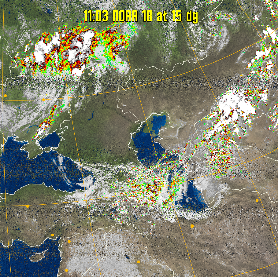 MSA-precip:
Same as MSA multispectral analysis, but high cold cloud tops are coloured the
same as the NO enhancement to give an approximate indication of the probability
and intensity of precipitation.