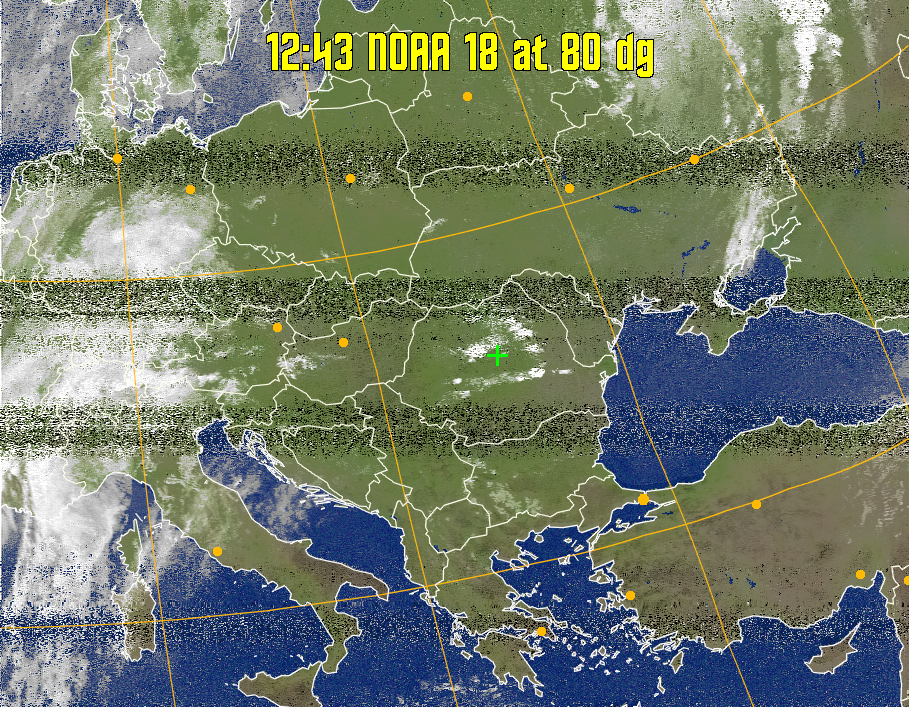 MCIR-precip: 
Colours the NOAA sensor 4 IR image using a map to colour the sea blue and land
green. High clouds appear white, lower clouds gray or land/sea coloured, clouds
generally appear lighter, but distinguishing between land/sea and low cloud may
be difficult. Darker colours indicate warmer regions.