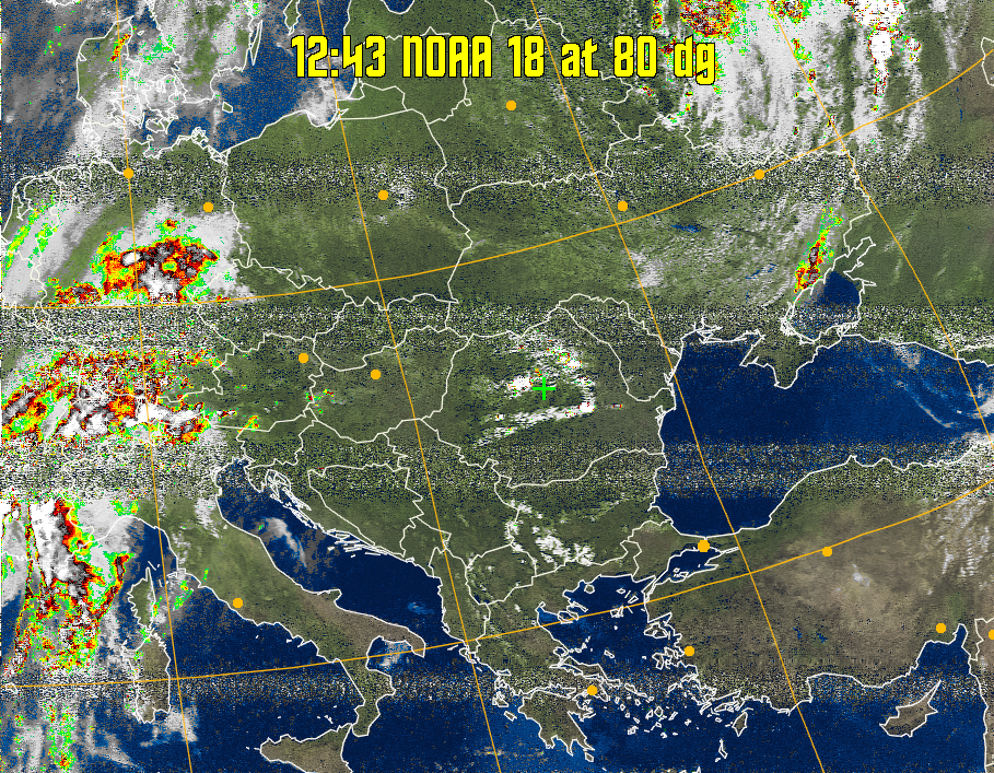 MSA-precip:
Same as MSA multispectral analysis, but high cold cloud tops are coloured the
same as the NO enhancement to give an approximate indication of the probability
and intensity of precipitation.